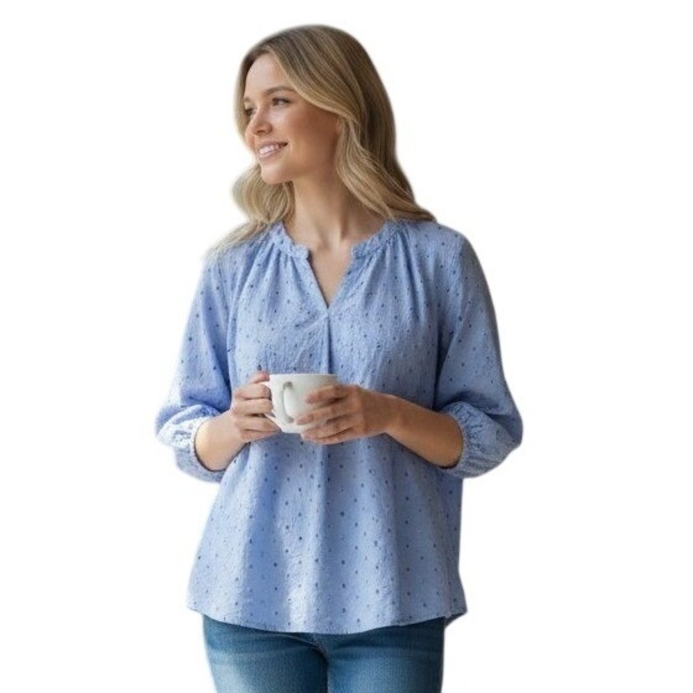 Kim Rogers Womens XL Blue Eyelet Button Front 3/4 Sleeve Blouse Top